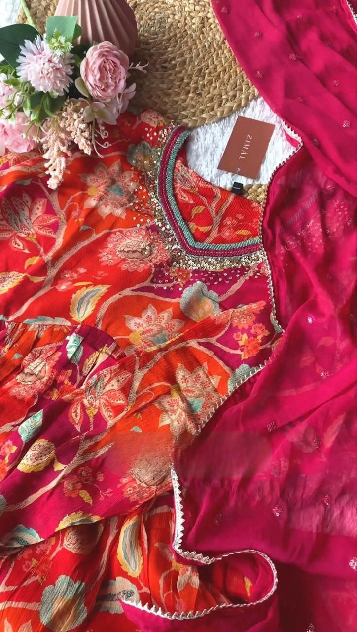 Red Floral Alia Cut Silk Suit