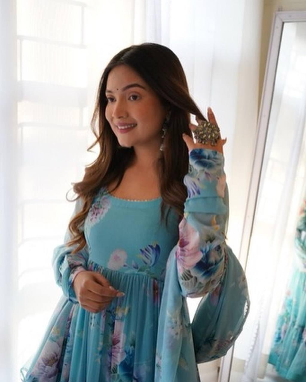 Chic Blue Printed Gown With Dupatta