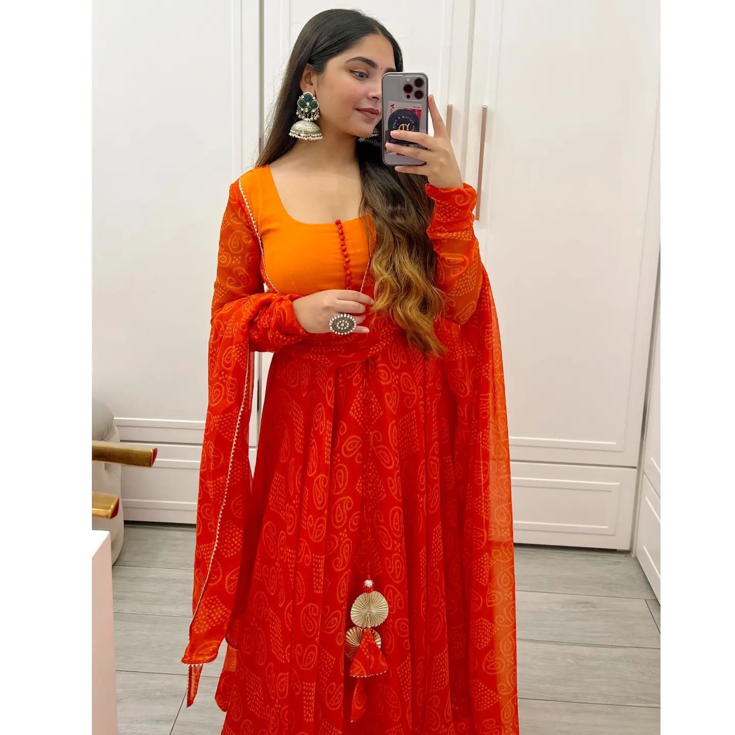 Orange Digitally Printed Anarkali With Front Button