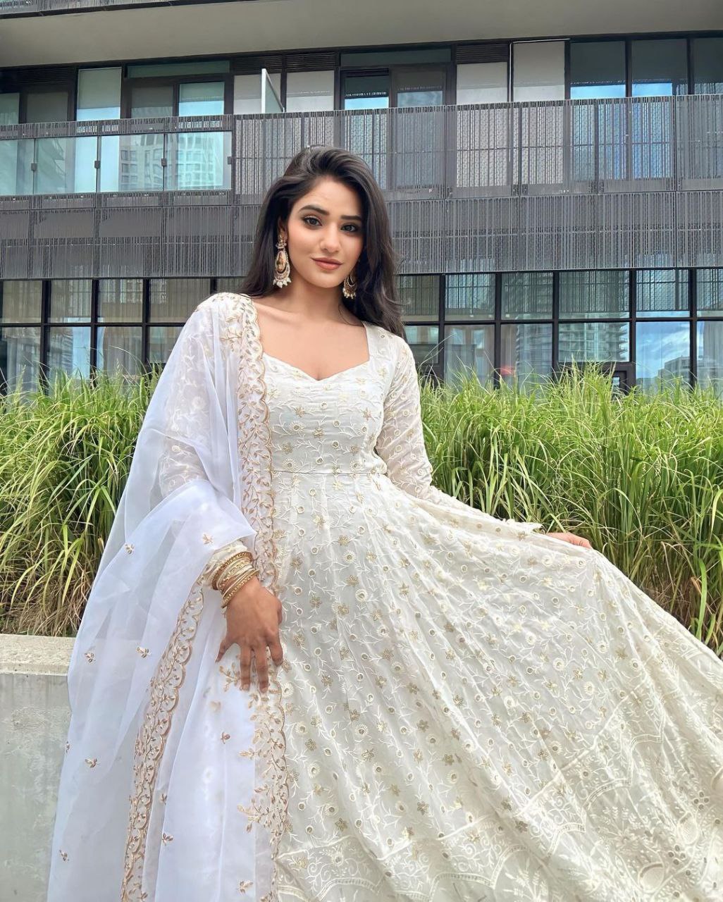 White Sequenced Fully Flared Anarkali Gown