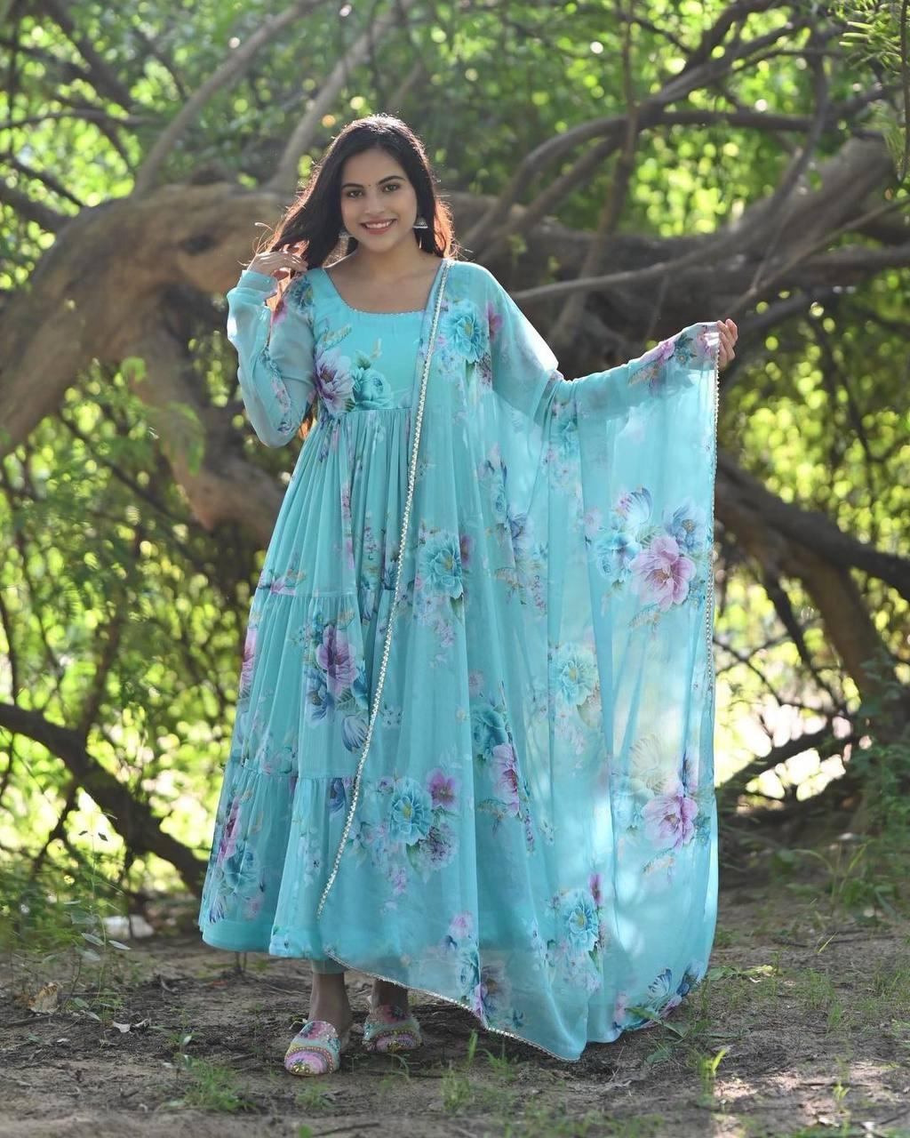 Chic Blue Printed Gown With Dupatta