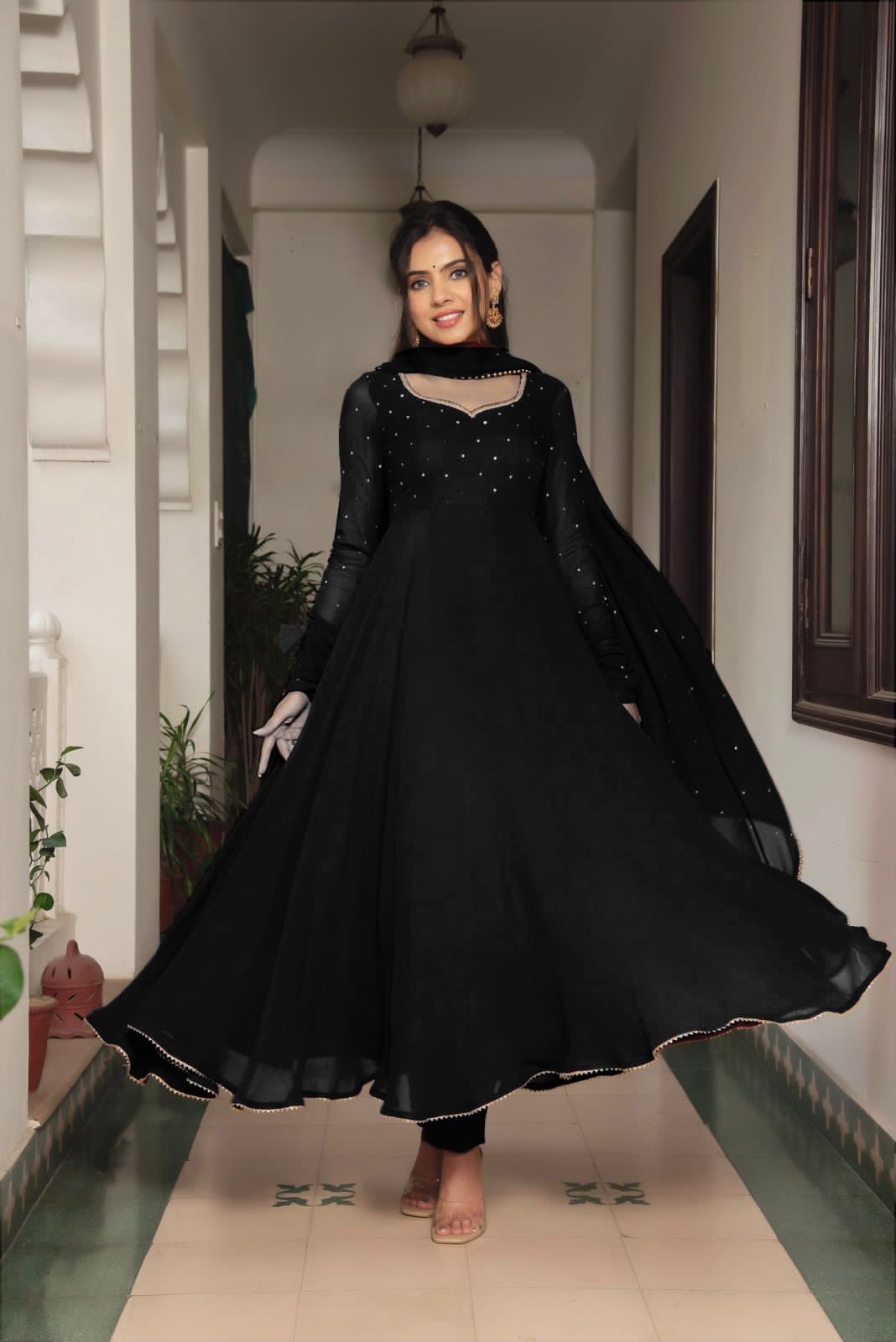 Minimalist Georgette Diamond Gown With Dupatta