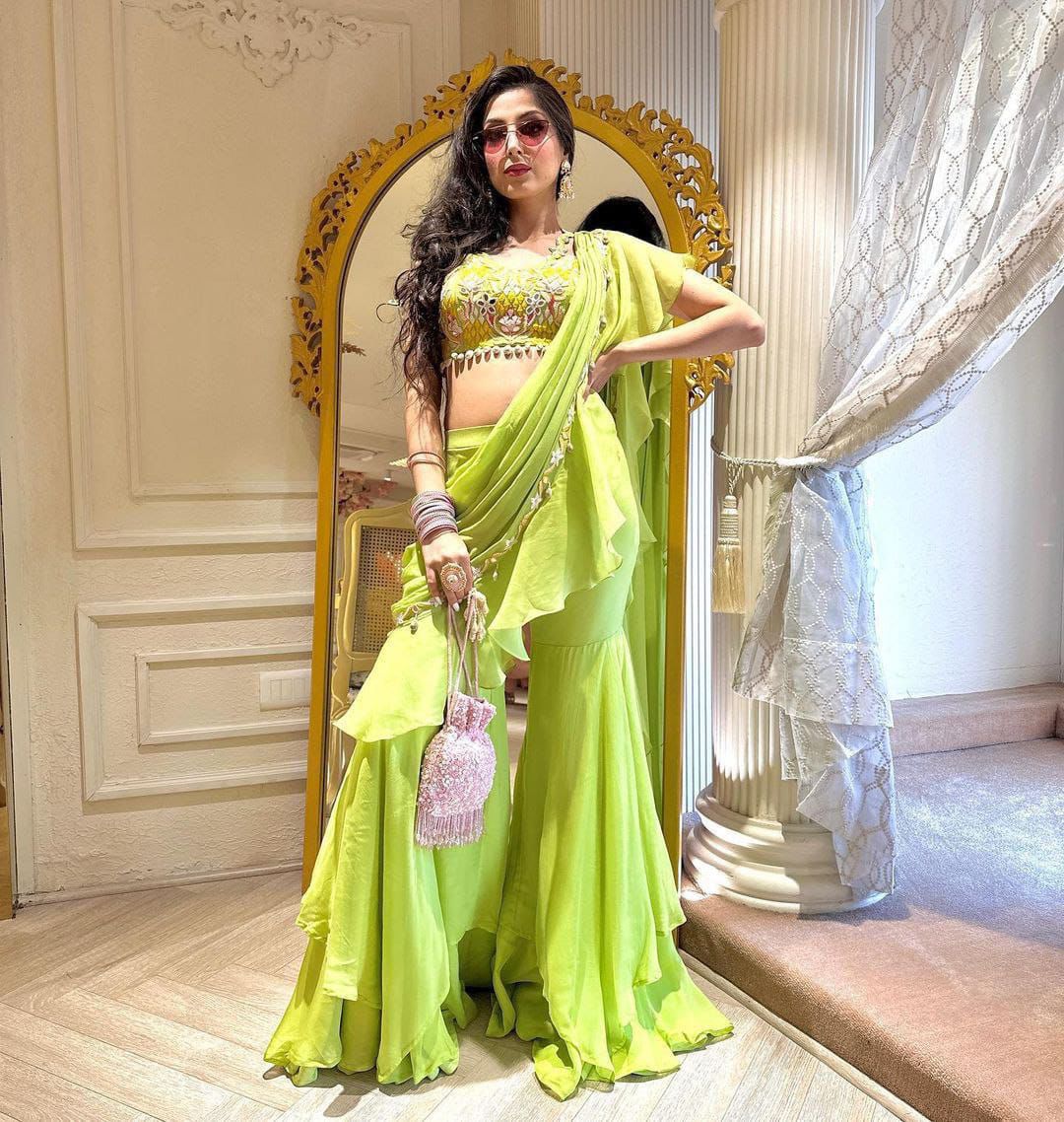 Parrot green ready to wear ruffle saree