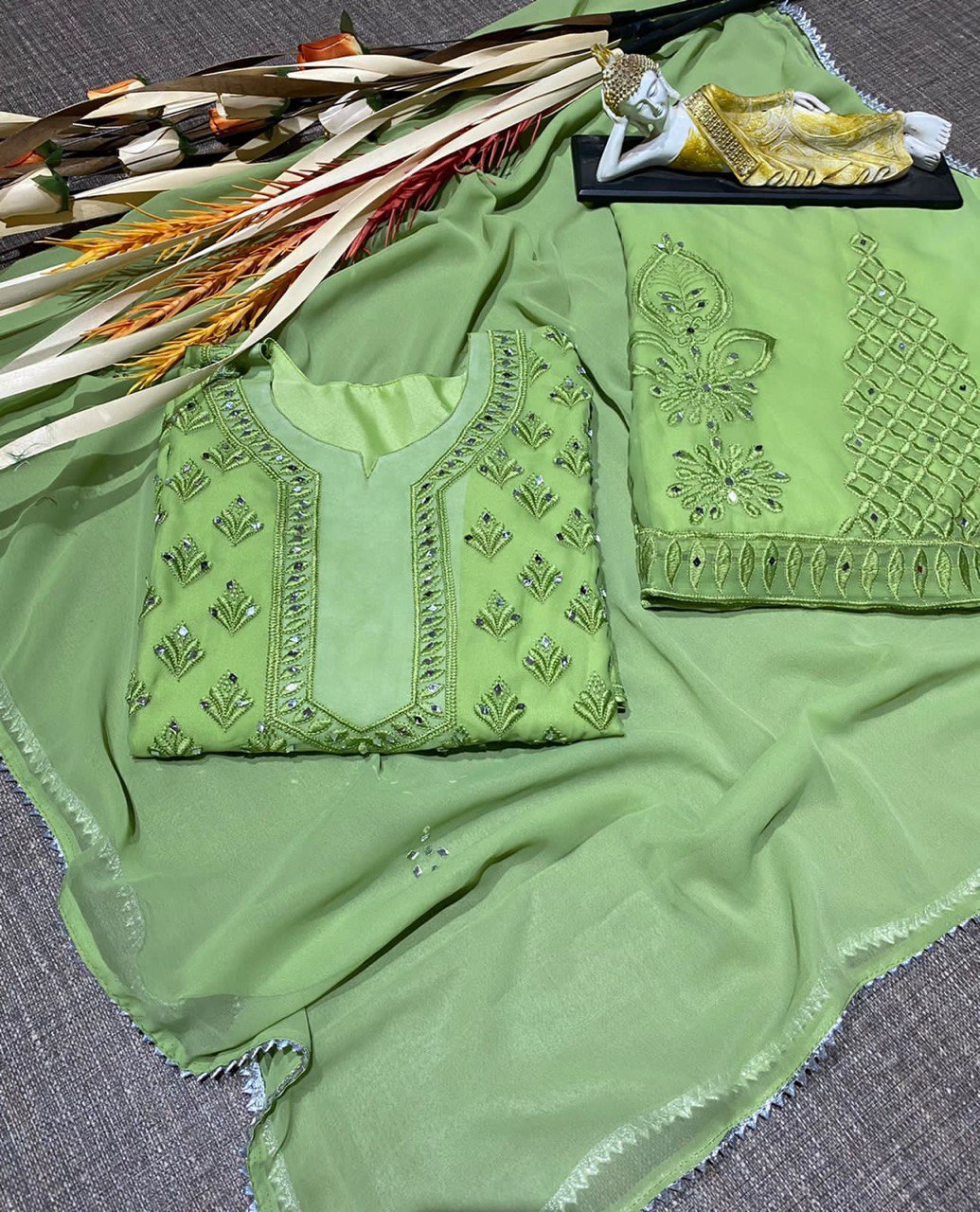 Cotton Thread Embroidery Suit With Real Mirror