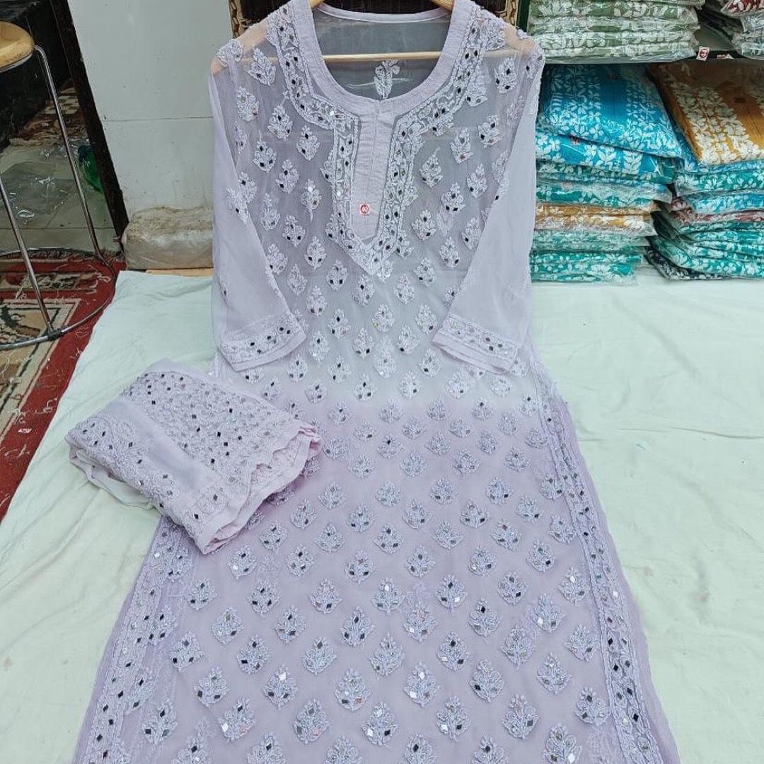 Cotton Thread Embroidery Suit With Real Mirror