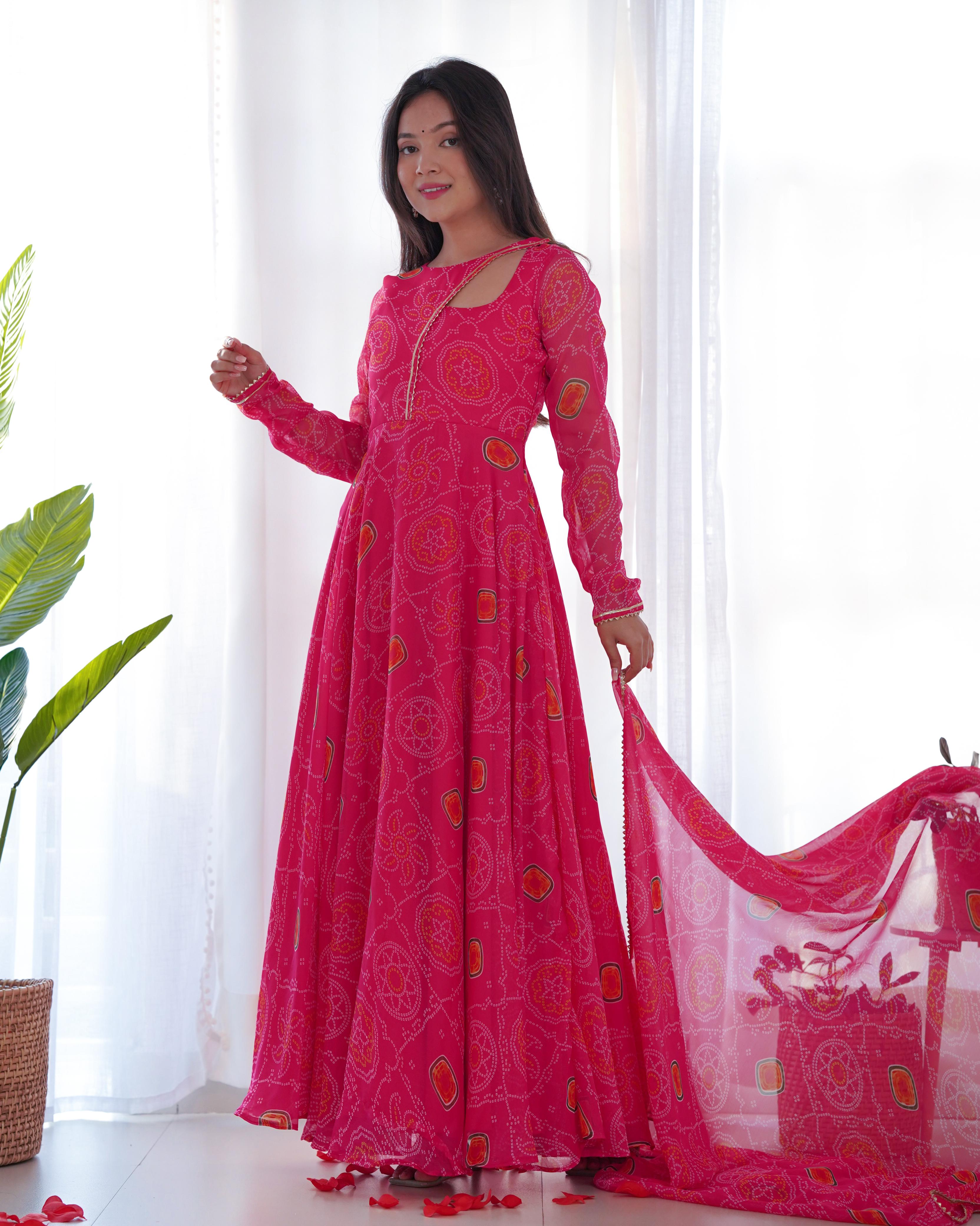 Gulabi Bandhej Printed Gown With Dupatta