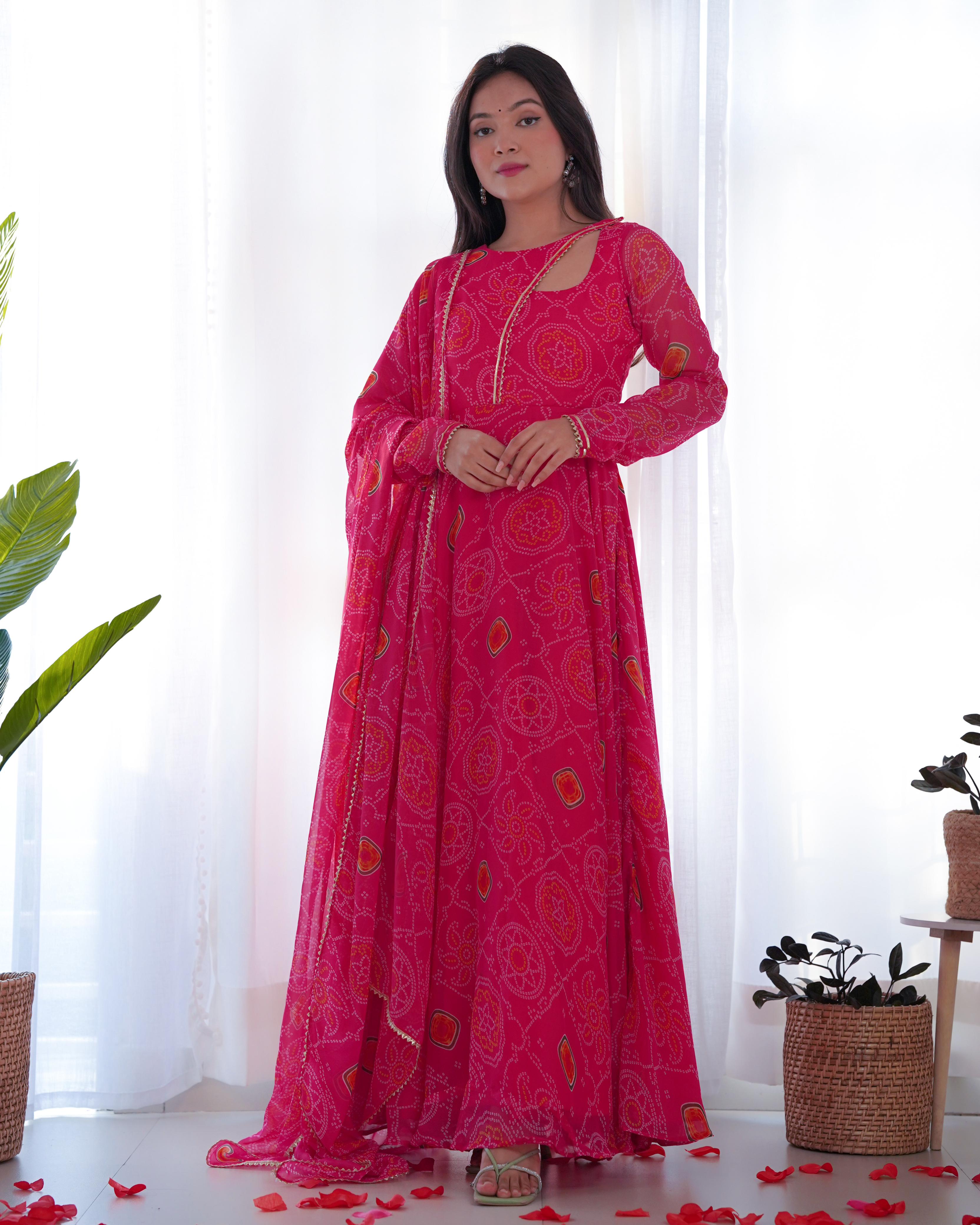 Gulabi Bandhej Printed Gown With Dupatta