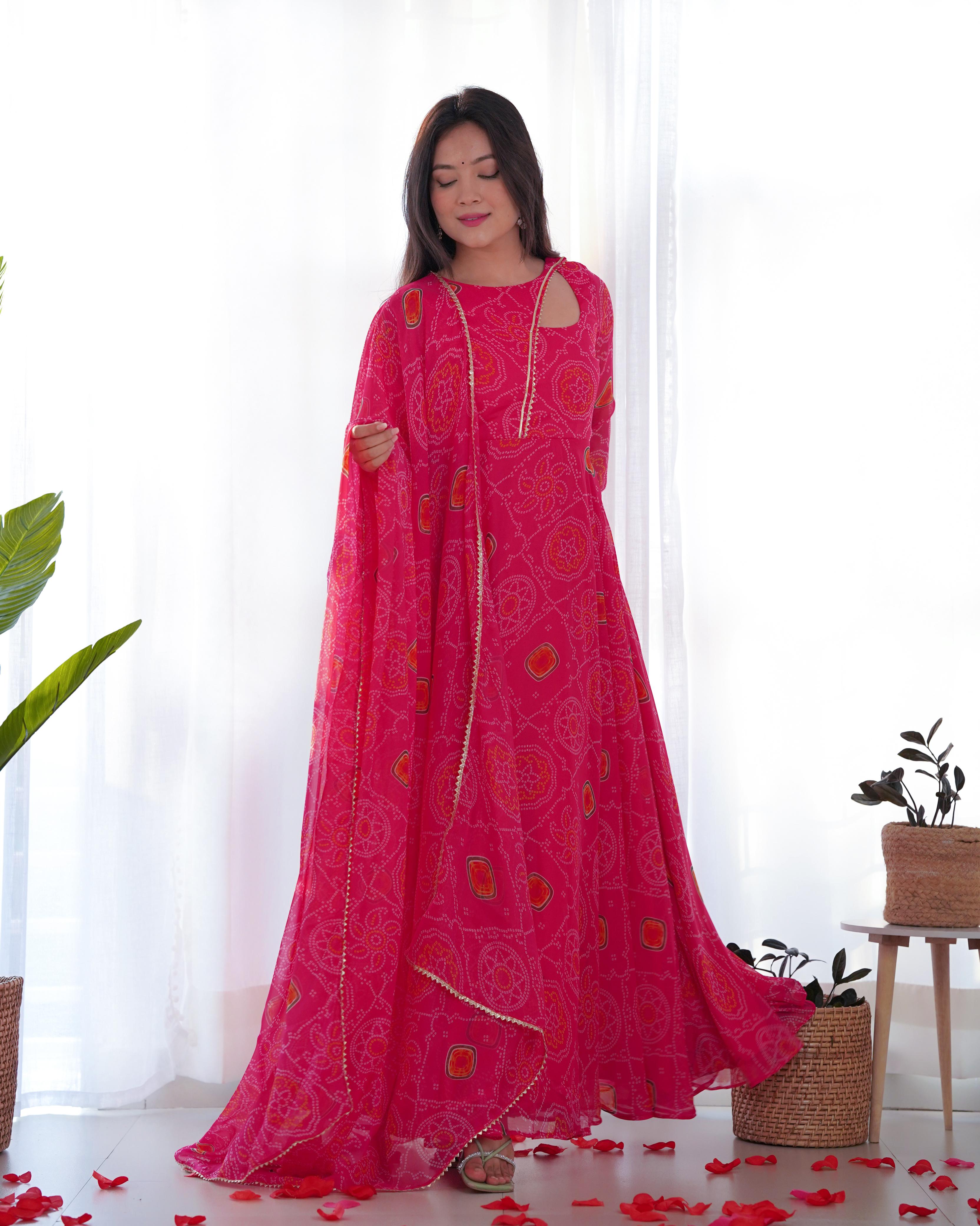 Gulabi Bandhej Printed Gown With Dupatta