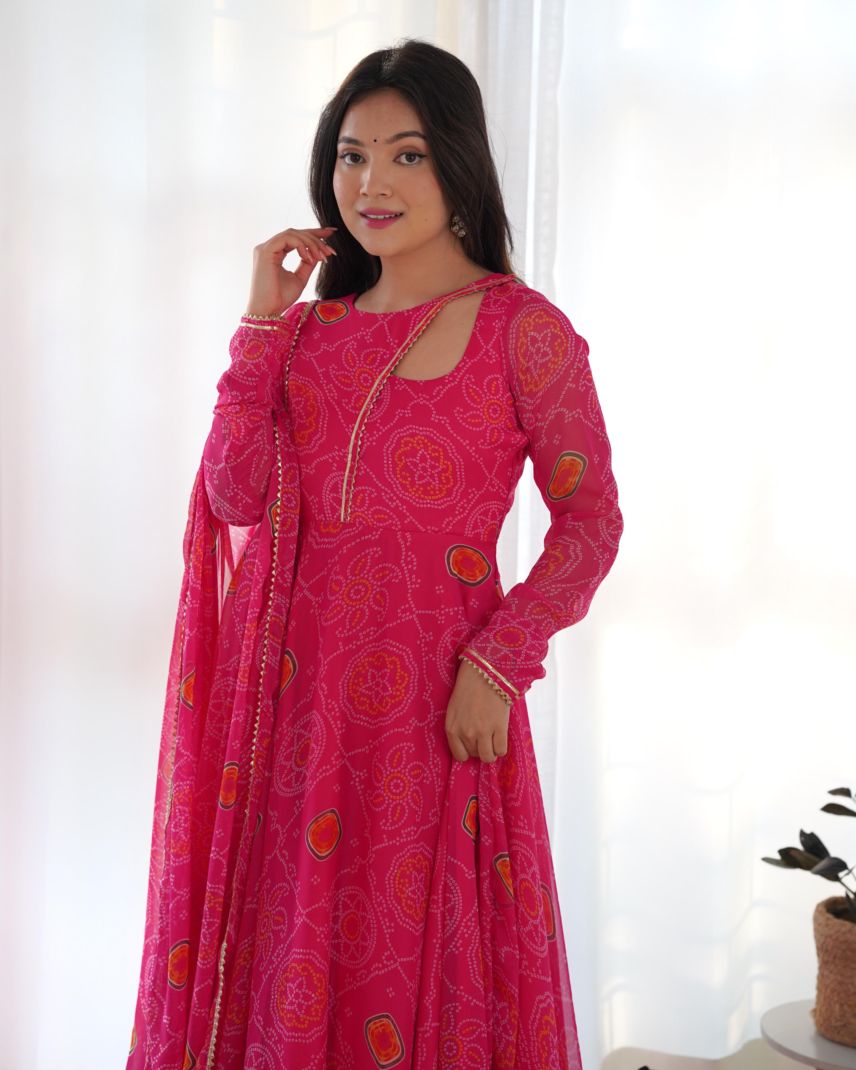 Gulabi Bandhej Printed Gown With Dupatta