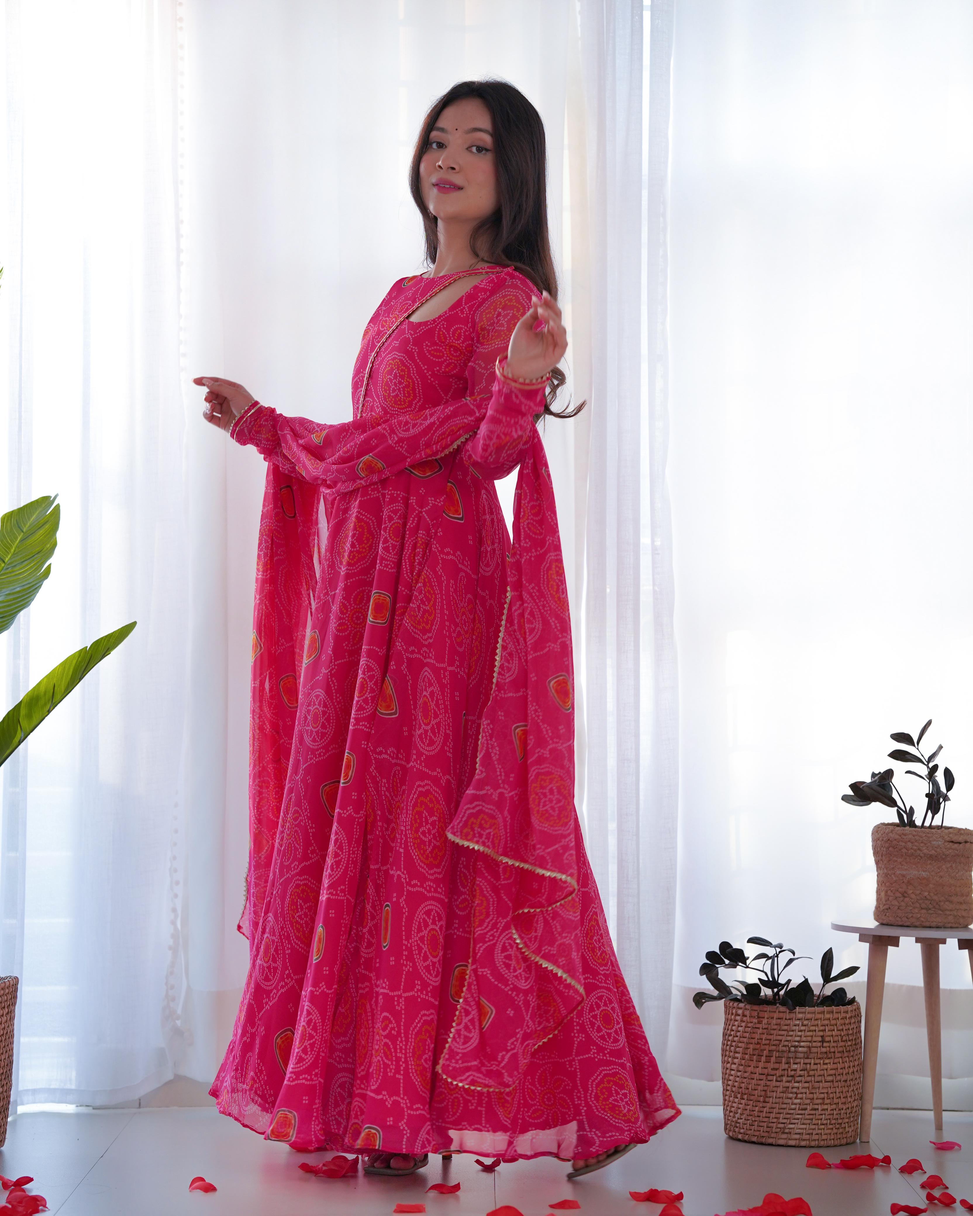 Gulabi Bandhej Printed Gown With Dupatta