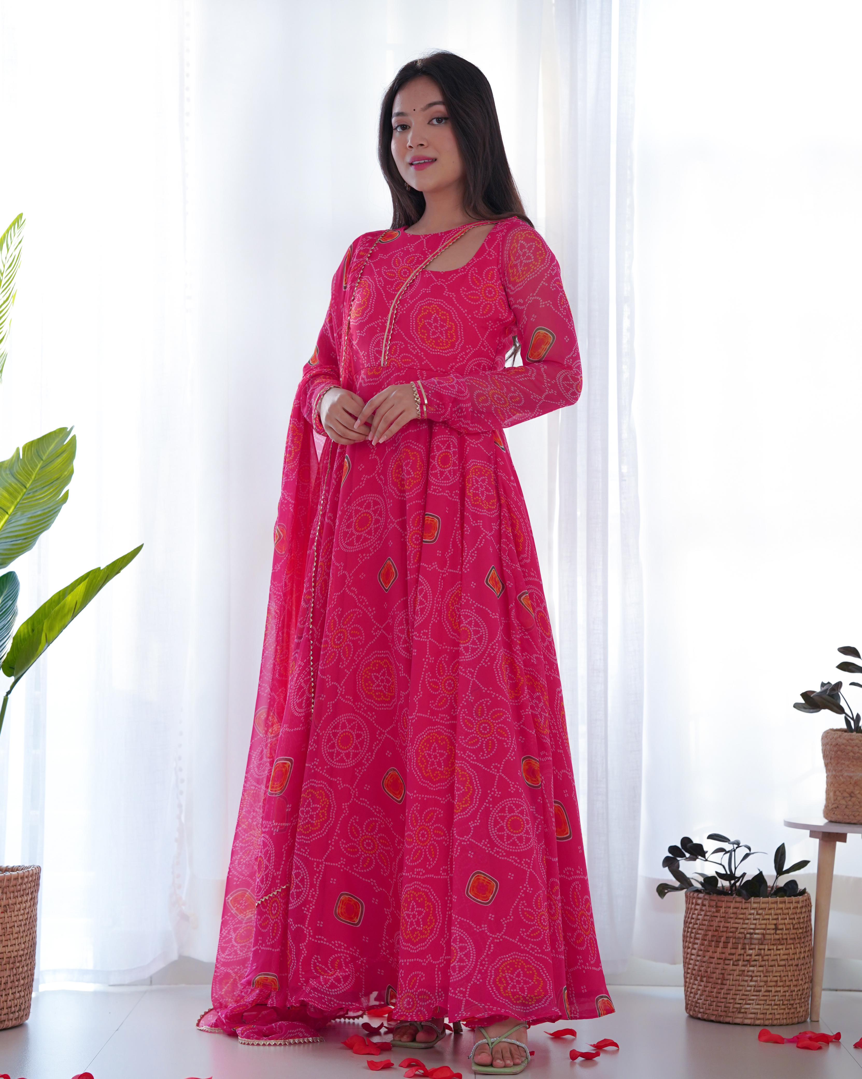 Gulabi Bandhej Printed Gown With Dupatta