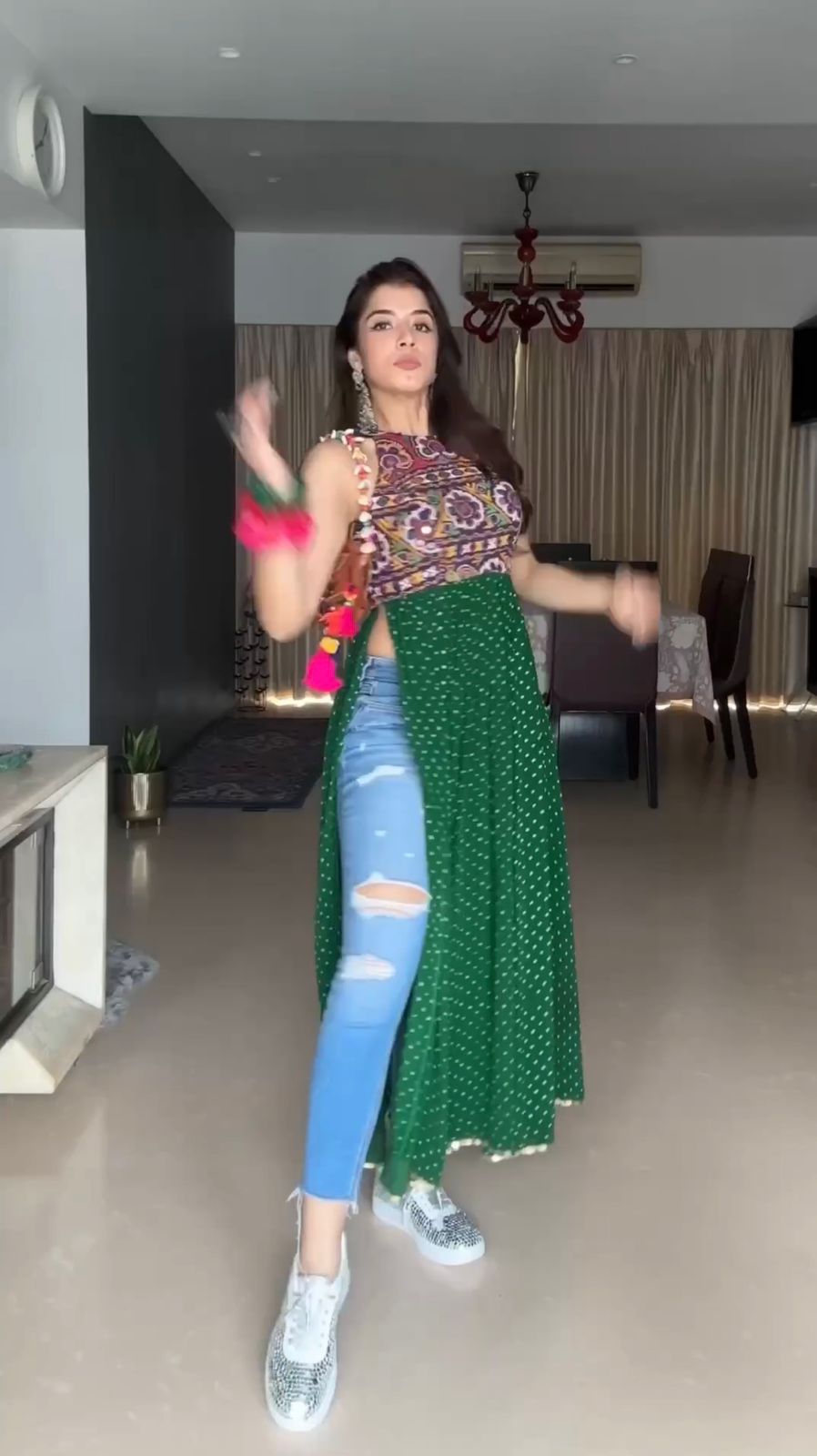 Green Bandhani Printed Mirror Work Kurti