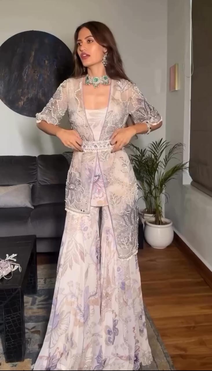 dress with sharara Celebrity-Inspired Sharara Suit Designs by Mysore Saree Udyog