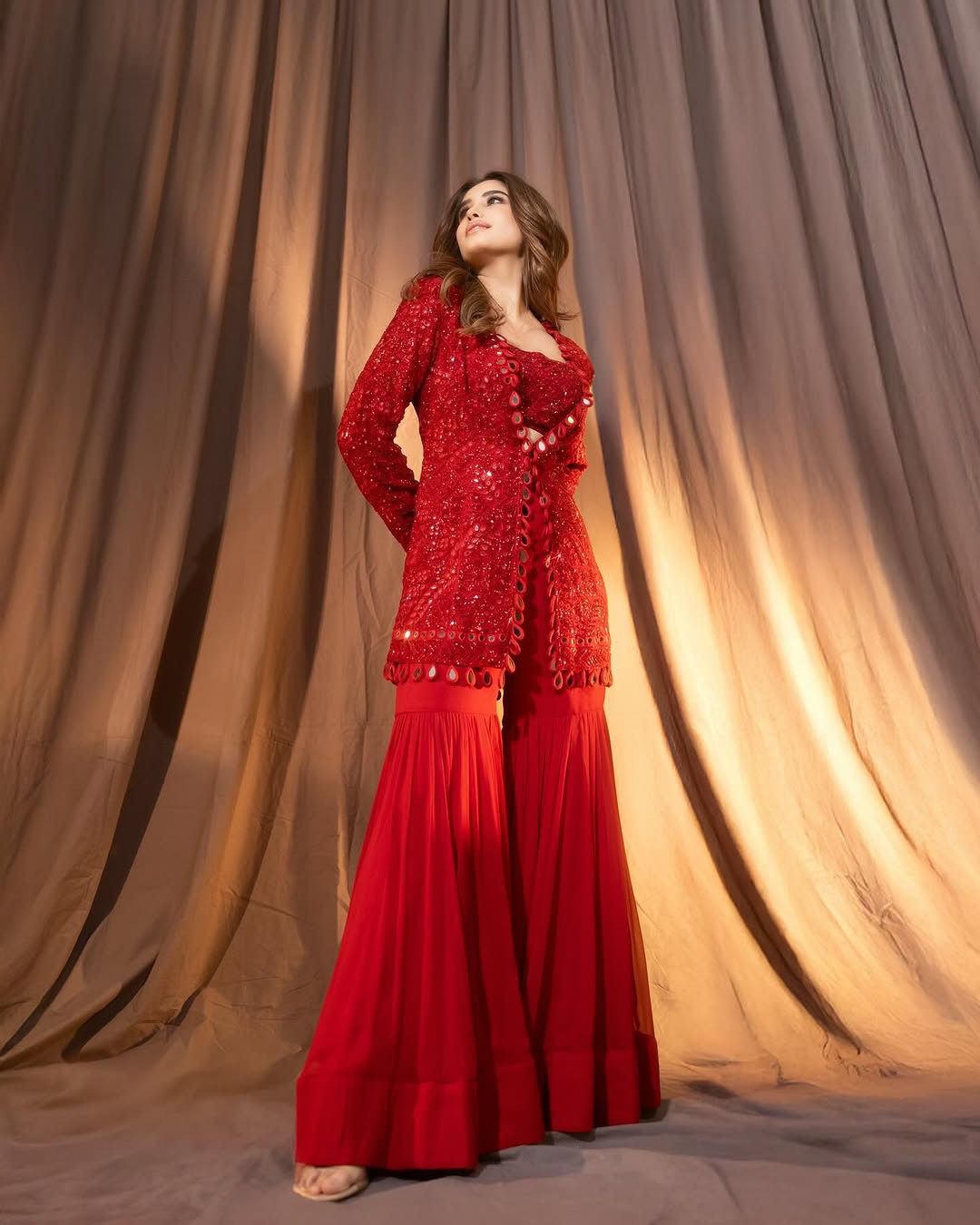 Red Georgette Aura Three Piece Jacket Set