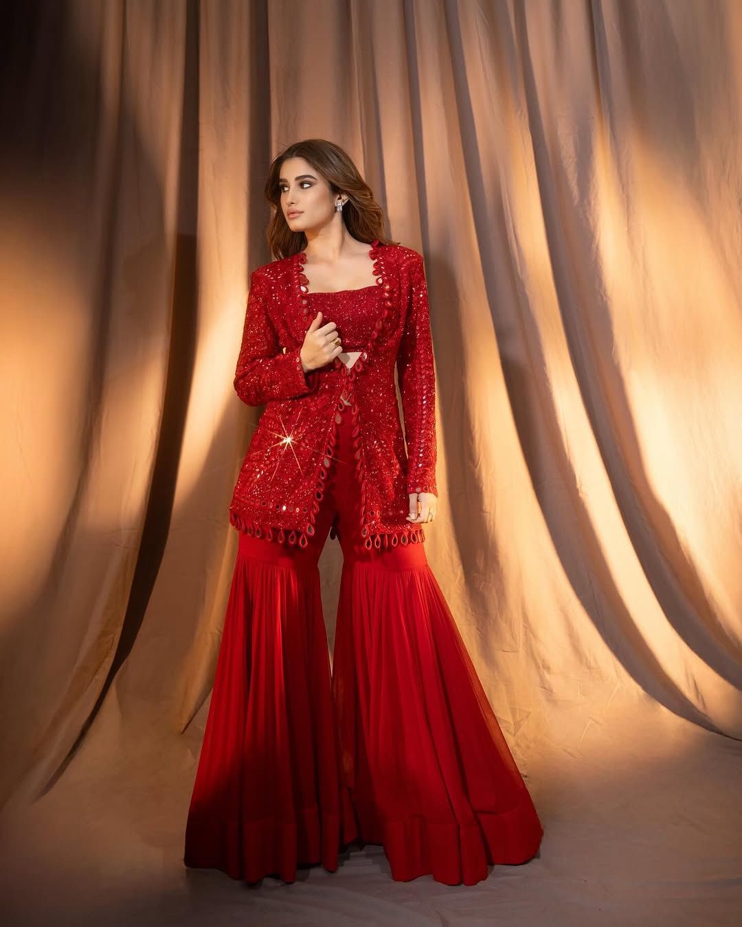 Red Georgette Aura Three Piece Jacket Set