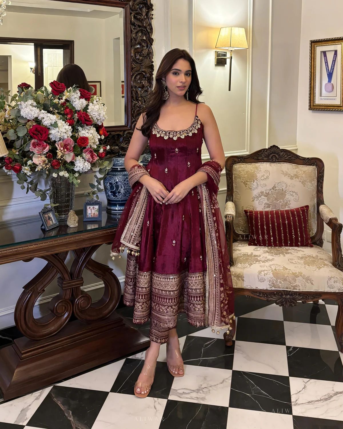 burgundy anarkali dress Maroon Premium Quality Pure Romansilk Chanderi Anarkali Gown with Dupatta & Pant Set