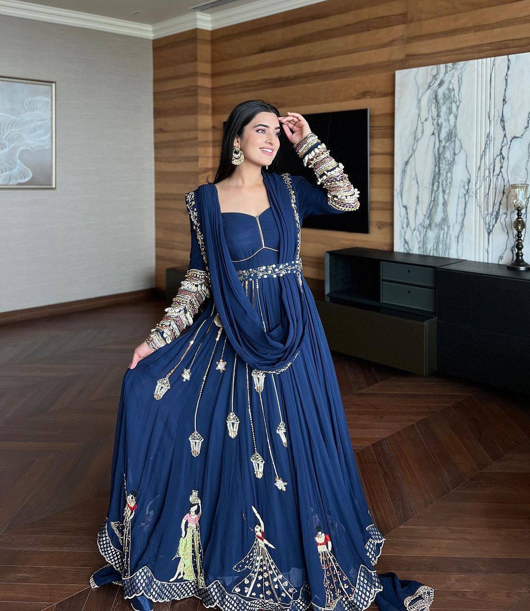 Blue Kodi Work Sweetheart Neck Gown With Dupatta