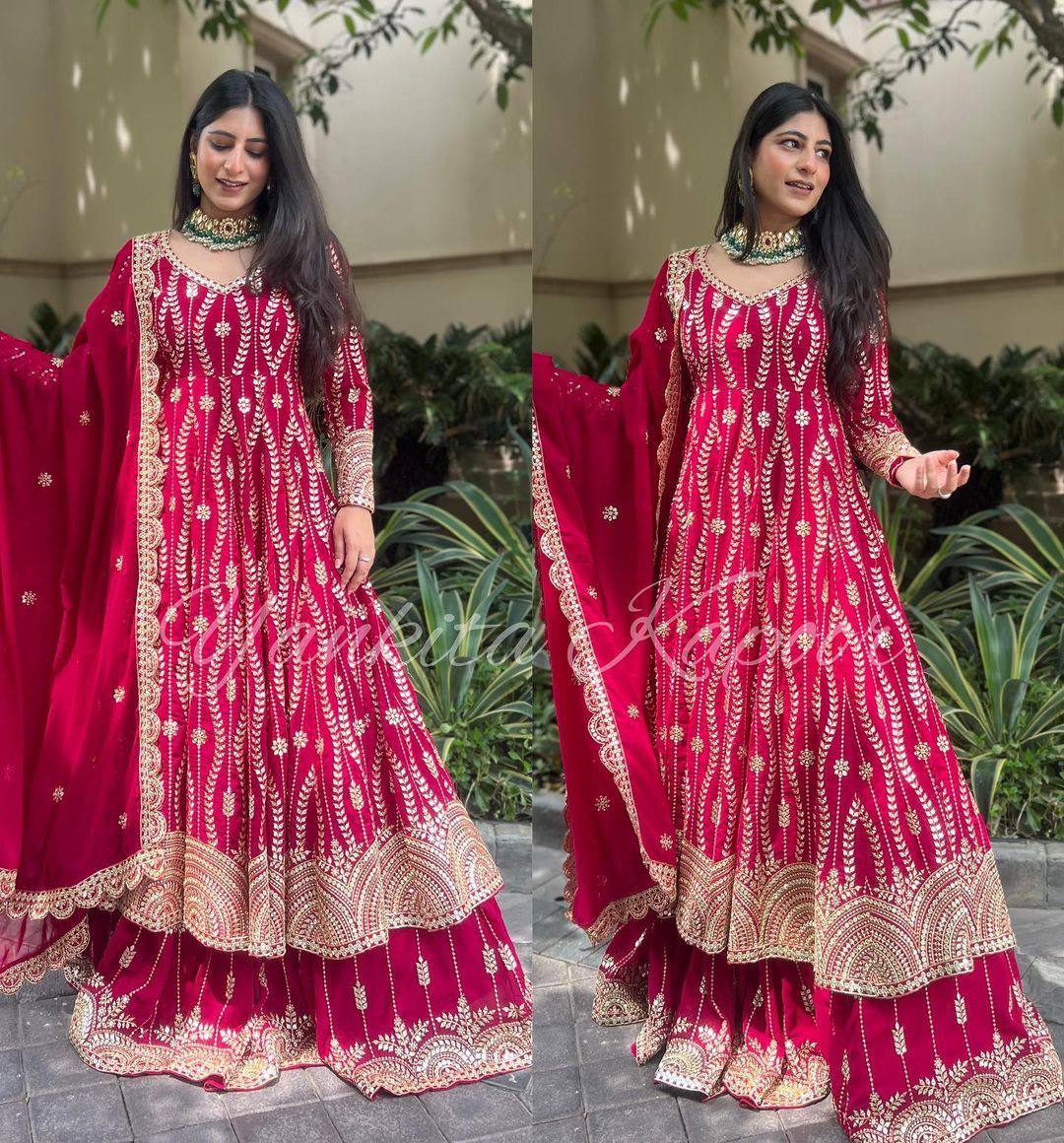 Pink & Gold Thread Embroidered Gharara Suit
