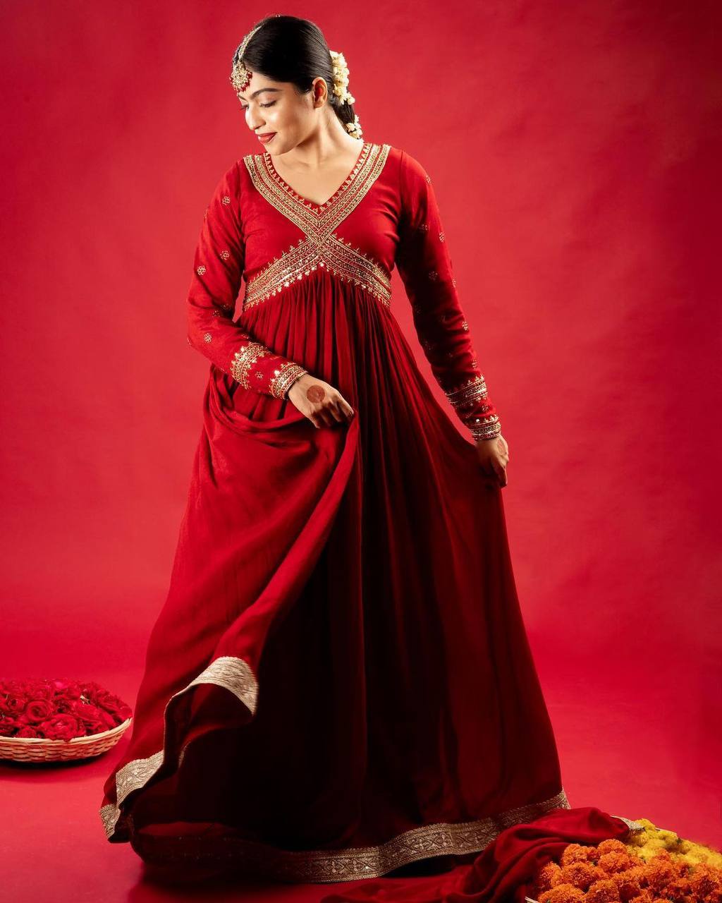 Red Karva Chauth Anarkali Gown With Dupatta