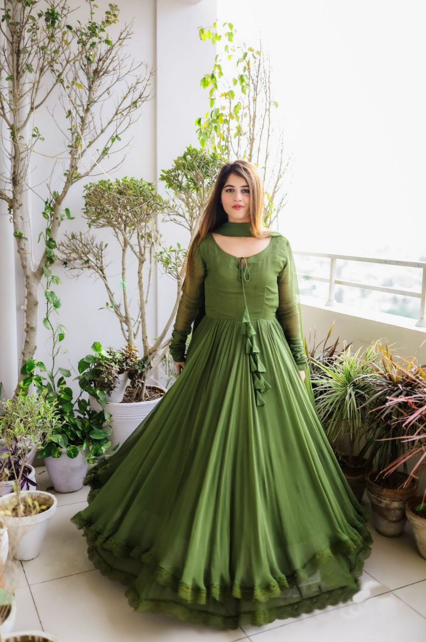 Green Fully Flared Anarkali Gown With Dupatta