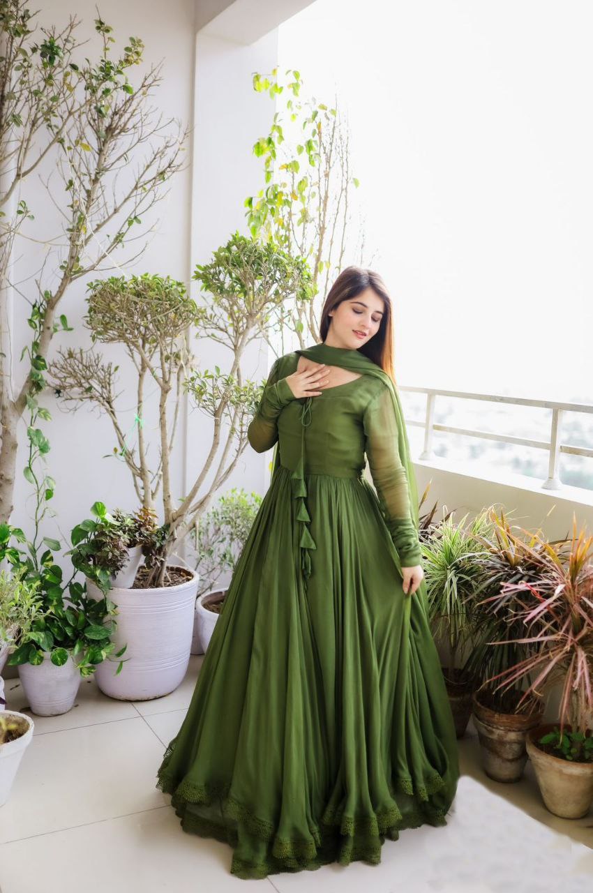 Green Fully Flared Anarkali Gown With Dupatta