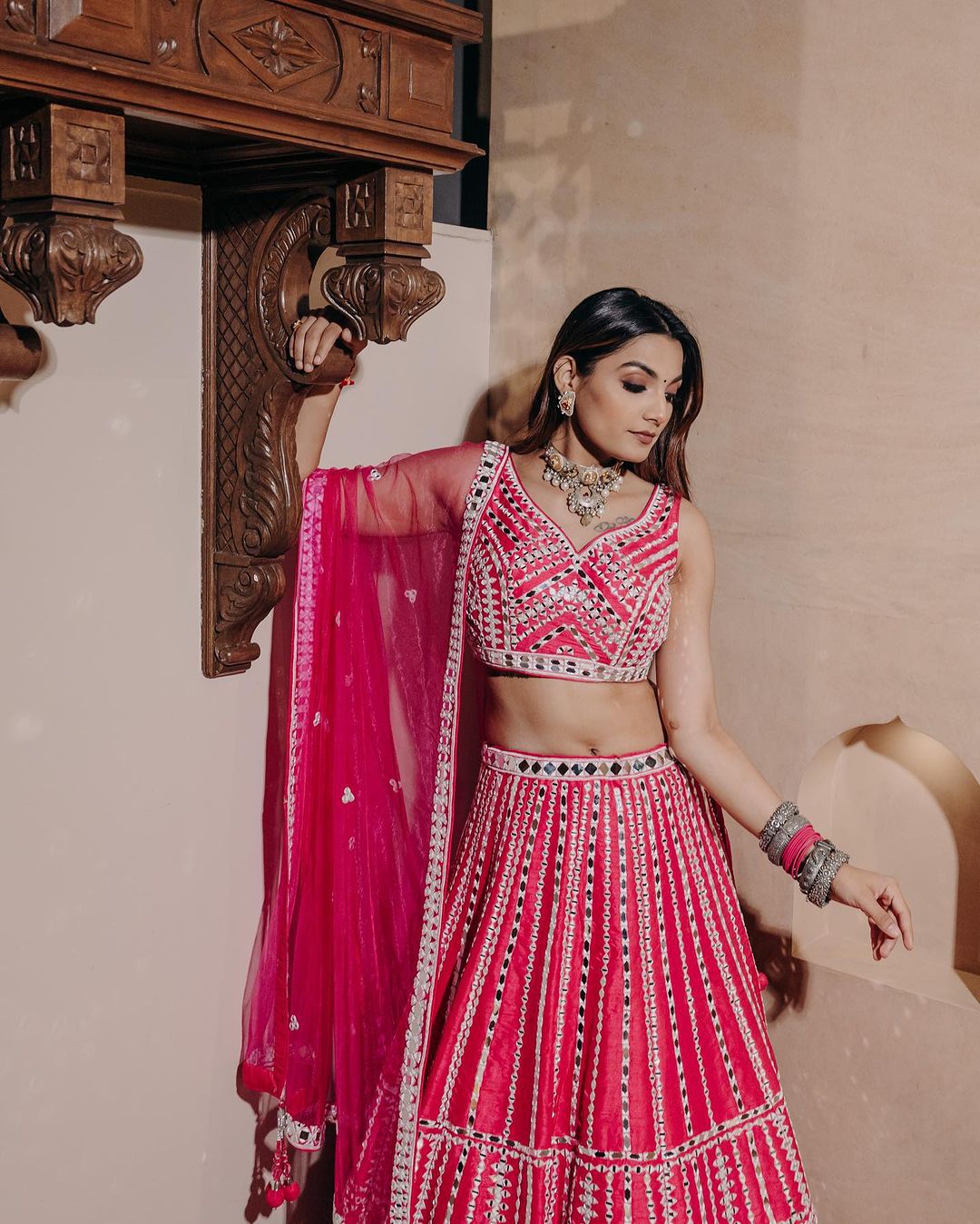 Chic Pink Lehenga Set with Mirror Work