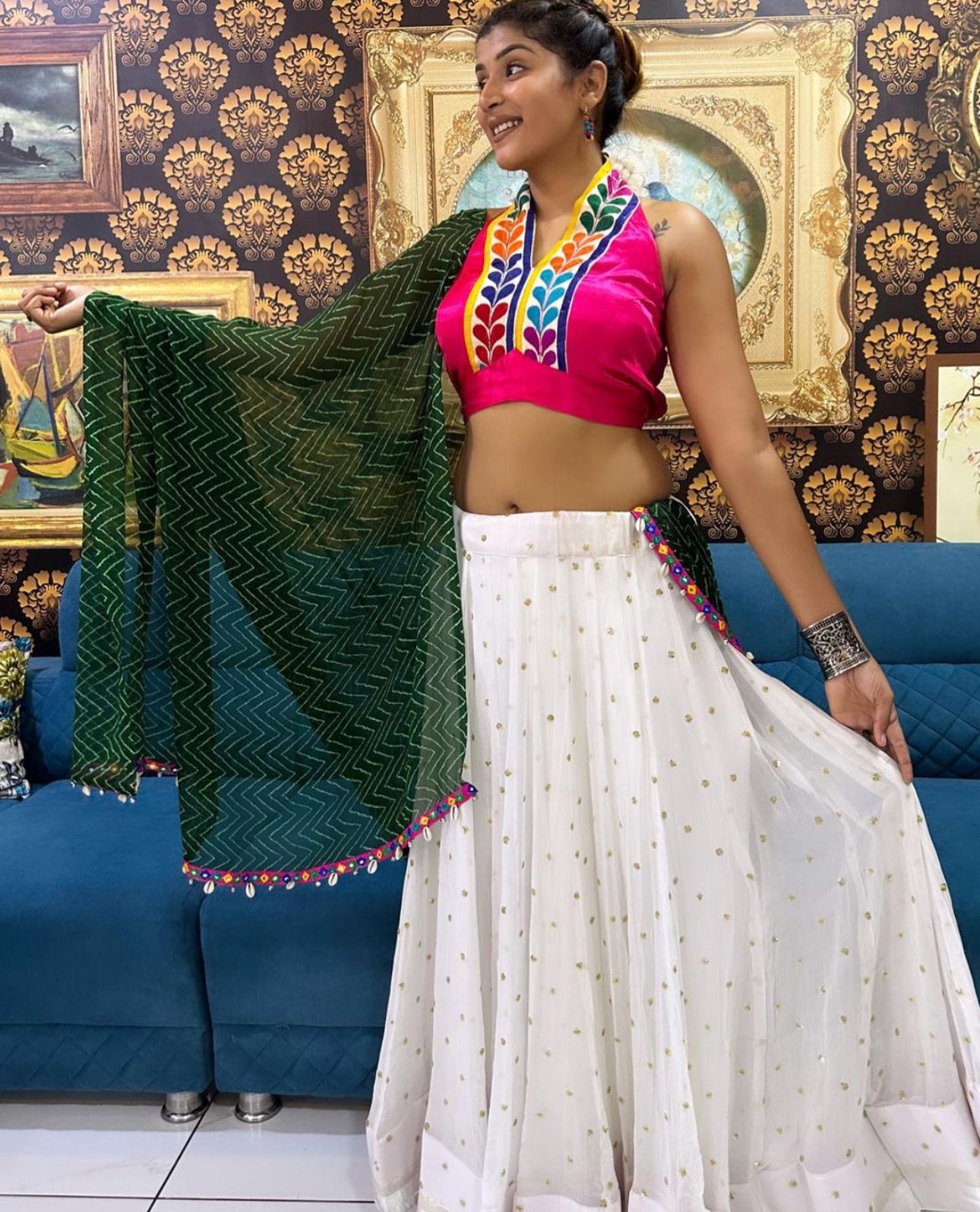 Stunning Gulaabi Ivory Navratri Lehenga Choli