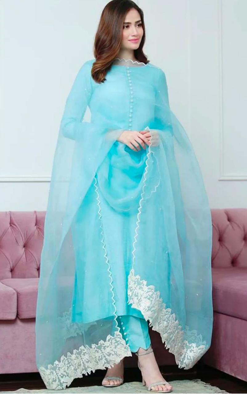 Sky Blue Designer Salwar Kameez in Pakistani Style