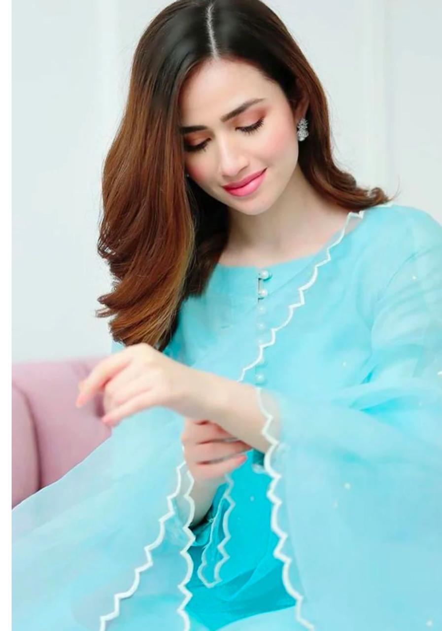 Sky Blue Designer Salwar Kameez in Pakistani Style