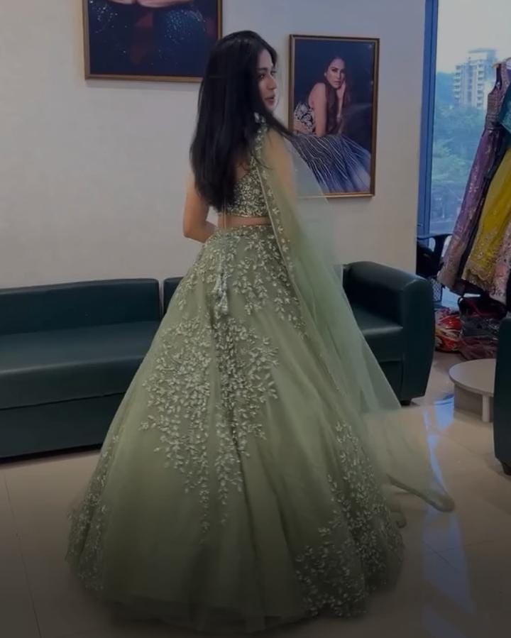 Soft Net Pista Green Color Lehenga Choli Set