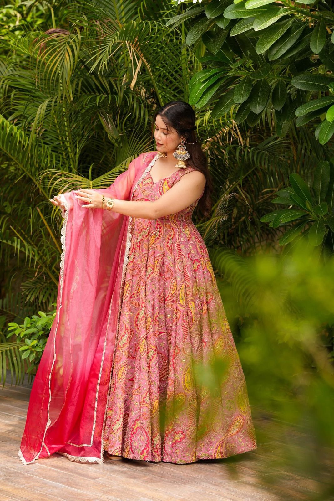 Starry Petal Gown With Dupatta