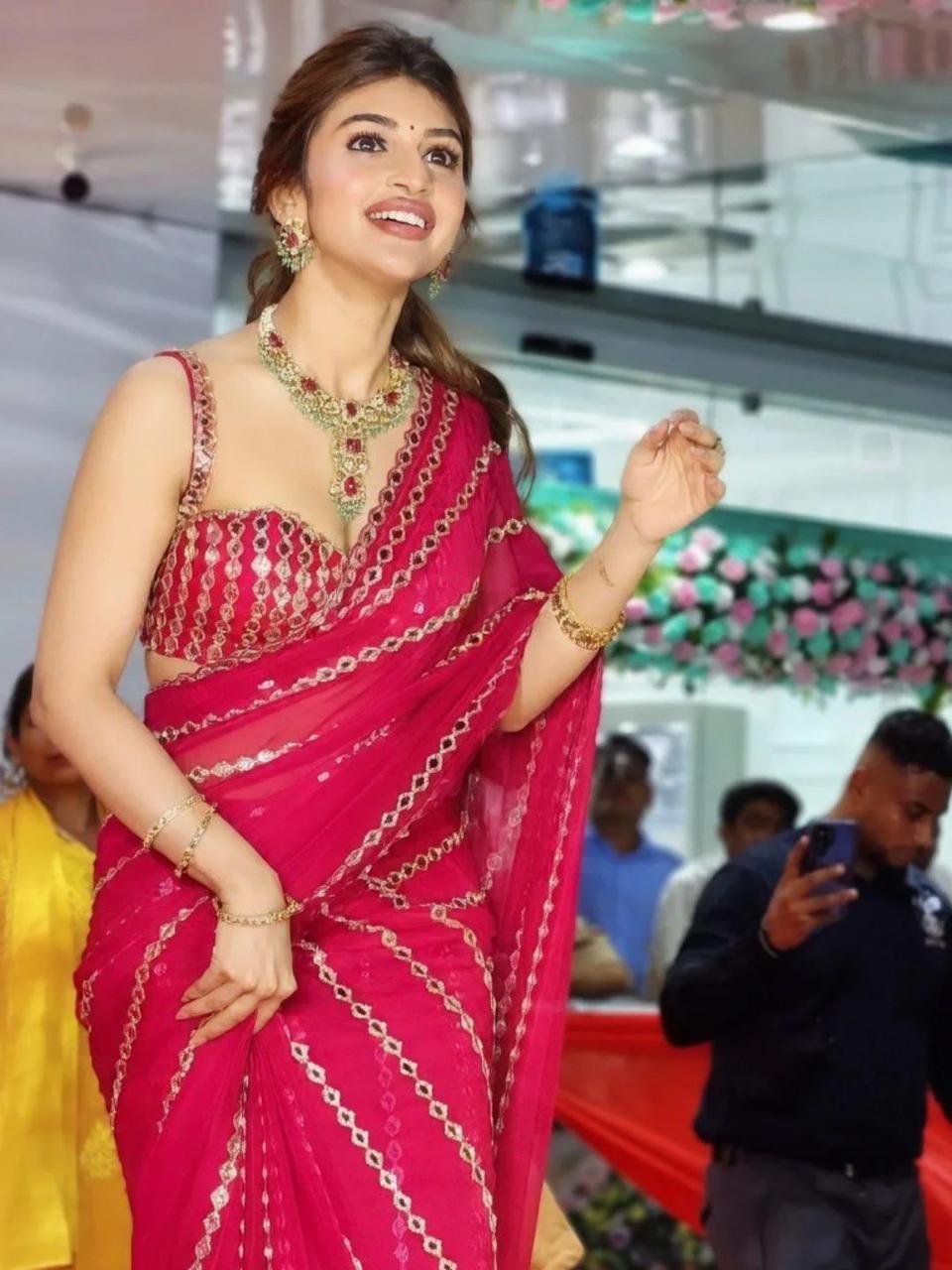 Crystal Shine Red Mirror Ready to Wear Saree