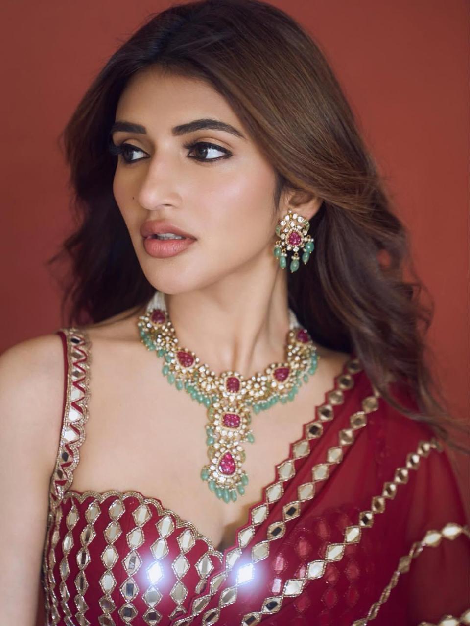Crystal Shine Red Mirror Ready to Wear Saree