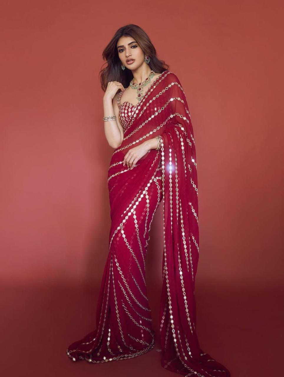 Crystal Shine Red Mirror Ready to Wear Saree